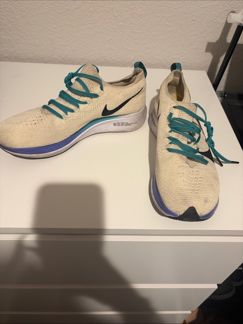 Nike Women's Flyknit Running Shoes - Cream with Teal and Purple Accents